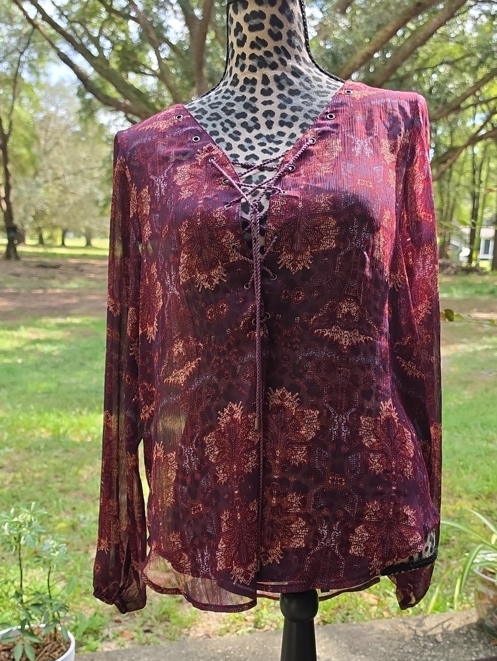Jessica Simpson Burgundy Lace-Up Sheer Floral Blouse